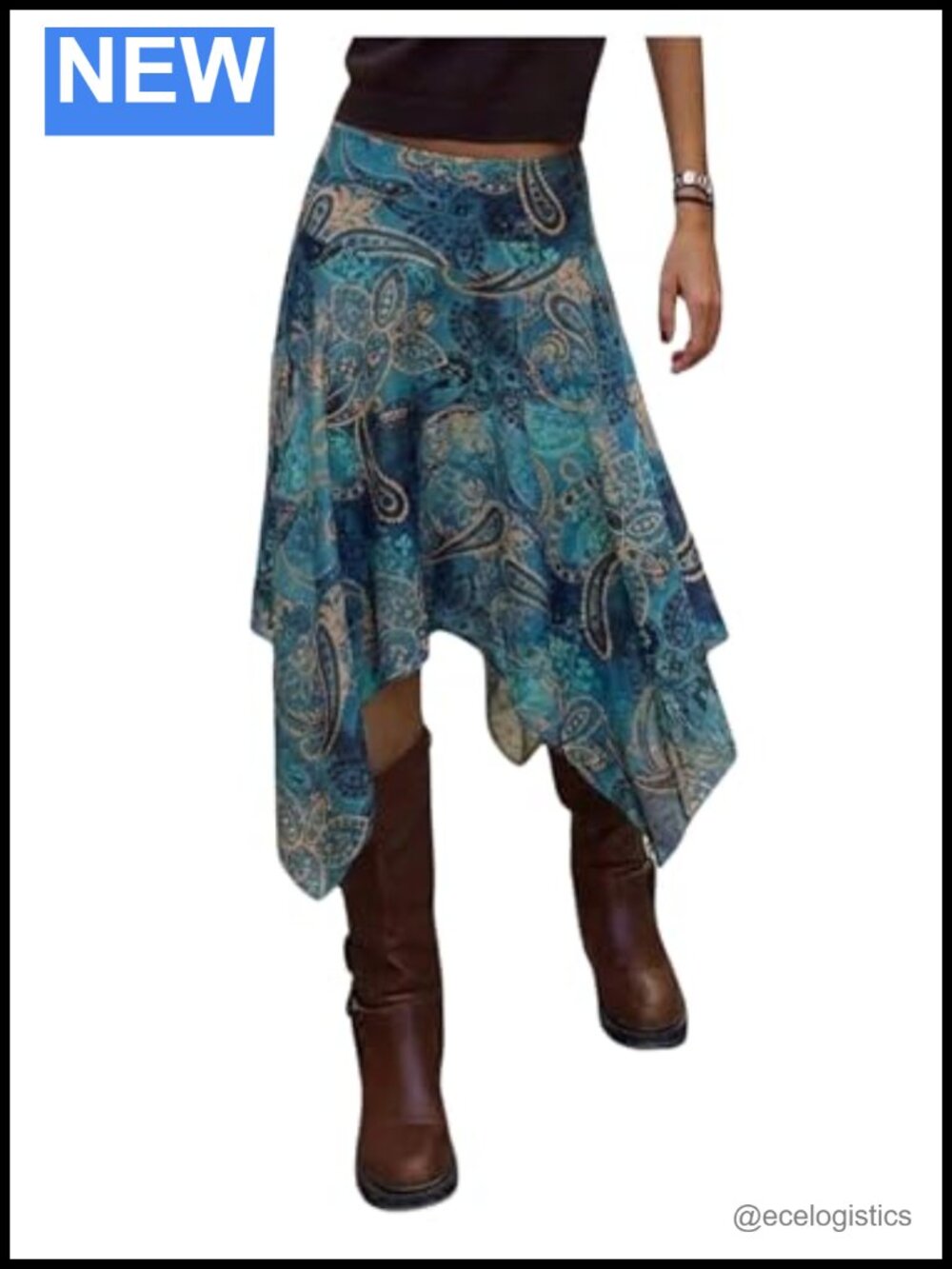 Boho Floral Paisley Midi Skirt Asymmetrical Low Rise Hippie Western